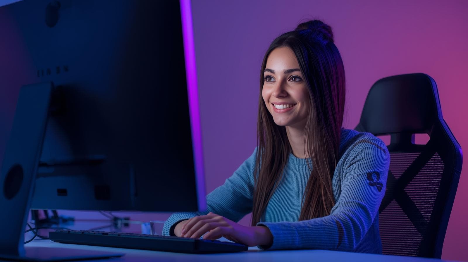 eine junge Frau an einem PC Arbeitsplatz